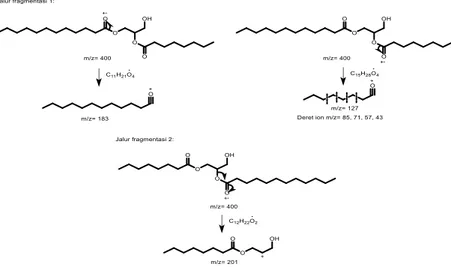 Gambar 12. Mekanisme fragmentasi 2-laurin, 3-kaproin diasilgliserol  Senyawa  yang  terdapat  pada  peak  22 