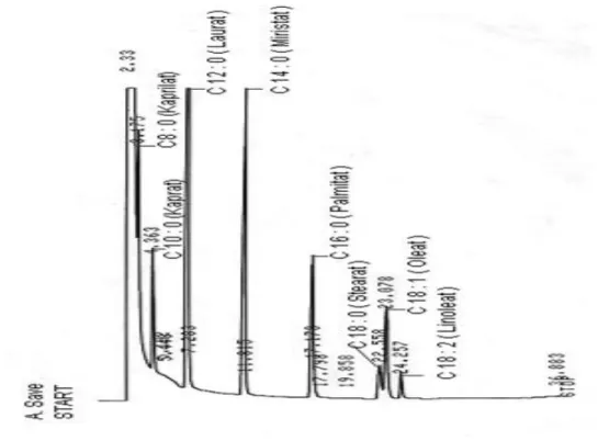 Gambar 1.   Contoh  kromatogram  dengan  menggunakan  asam  lemak  standar  untuk  penentuan  puncak  berdasarkan  pada  waktu  retensi  pada  metode  transesterifikasi  asam  (Laureles, 2002) dari minyak kelapa murni (VCO)