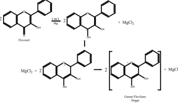 Gambar 1. Reaksi Flavonoid dengan Logam  Mg dan HCl (Septyaningsih, 2010).