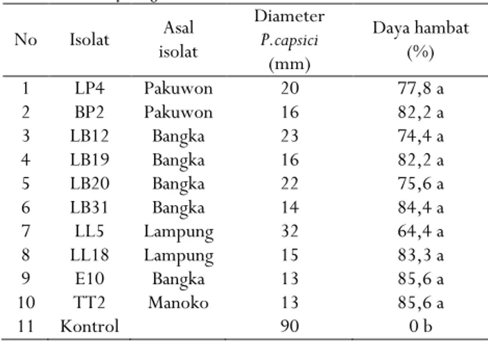 Tabel  2. Daya  antagonis  beberapa  isolat bakteri  kitinolitik terhadap pertumbuhan P