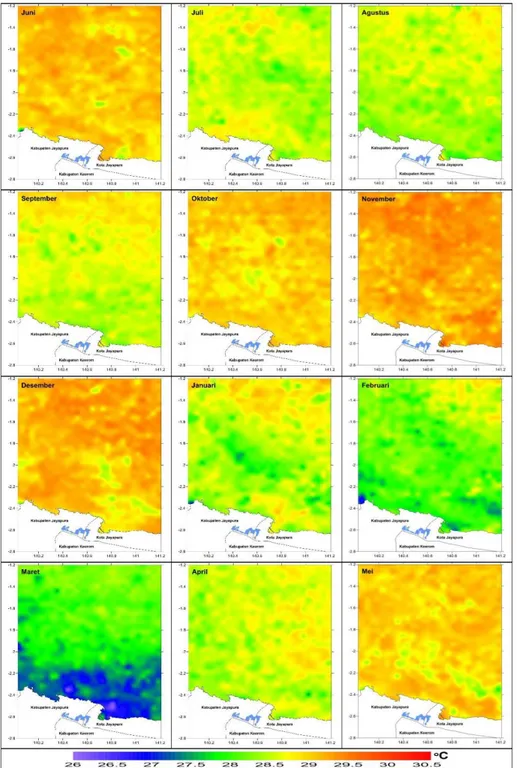Gambar 4. Sebaran spasial rata-rata SPL bulanan perairan Jayapura, periode Juni 2011 – Mei 2015  Sebagai  perairan  yang  berada  di  wilayah  tropis  dan  dekat  dengan  garis  khatulistiwa,  maka  sepanjang  tahun  kondisi  SPL  di  perairan  Jayapura  u