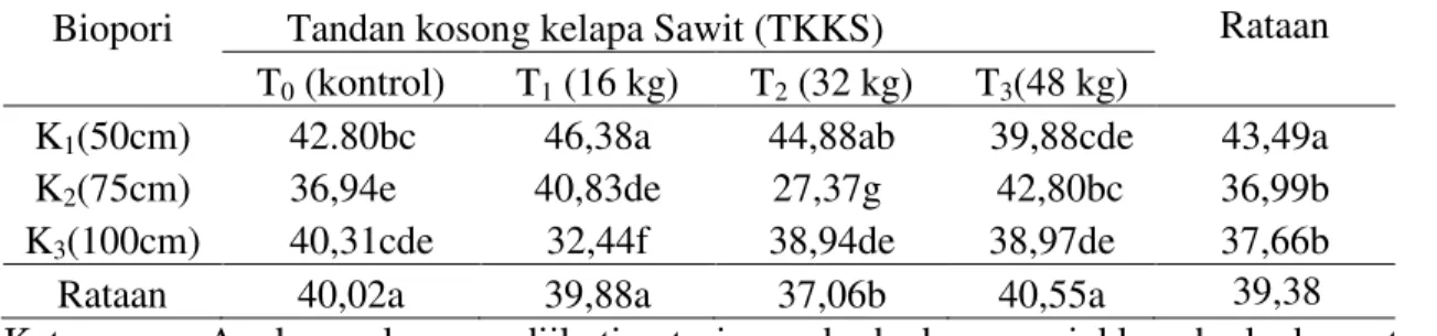 Tabel 3. klorofil daun (%) terhadap pemberian tandan kosong kelapa sawit  (TKKS) dan kedalaman biopori 