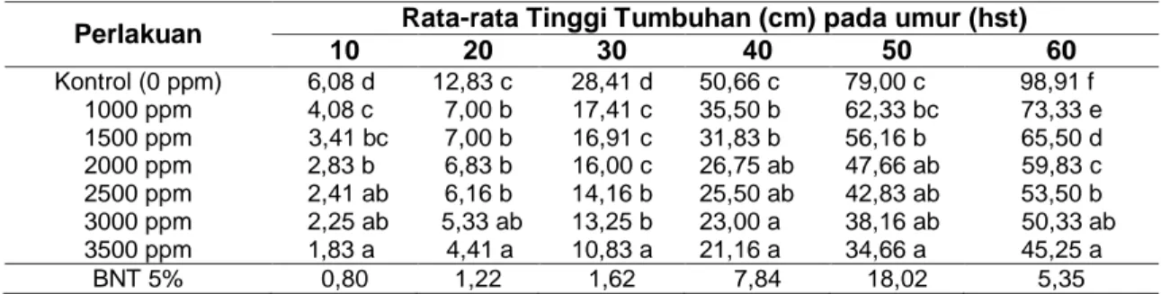 Tabel 5  Rata-rata Tinggi Tumbuhan  Bayam  Duri  Akibat  Pemberian  Larutan  Ekstrak  Umbi  Teki  Dengan Konsentrasi yang Berbeda  