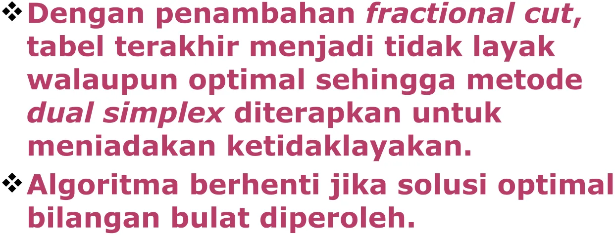 tabel terakhir menjadi tidak layak walaupun optimal sehingga metode dual simplex diterapkan untuk 