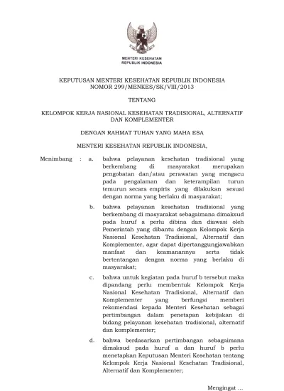 KEPUTUSAN MENTERI KESEHATAN REPUBLIK INDONESIA NOMOR 299/MENKES/SK/VIII ...