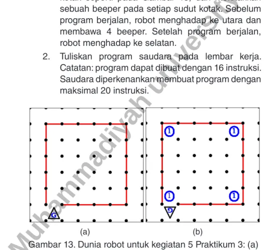 Gambar 13. Dunia robot untuk kegiatan 5 Praktikum 3: (a)  sebelum program berjalan, (b) setelah program berjalan