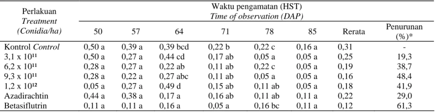 Tabel 4.  Populasi laba-laba pada berbagai perlakuan konsentrasi B. bassiana 