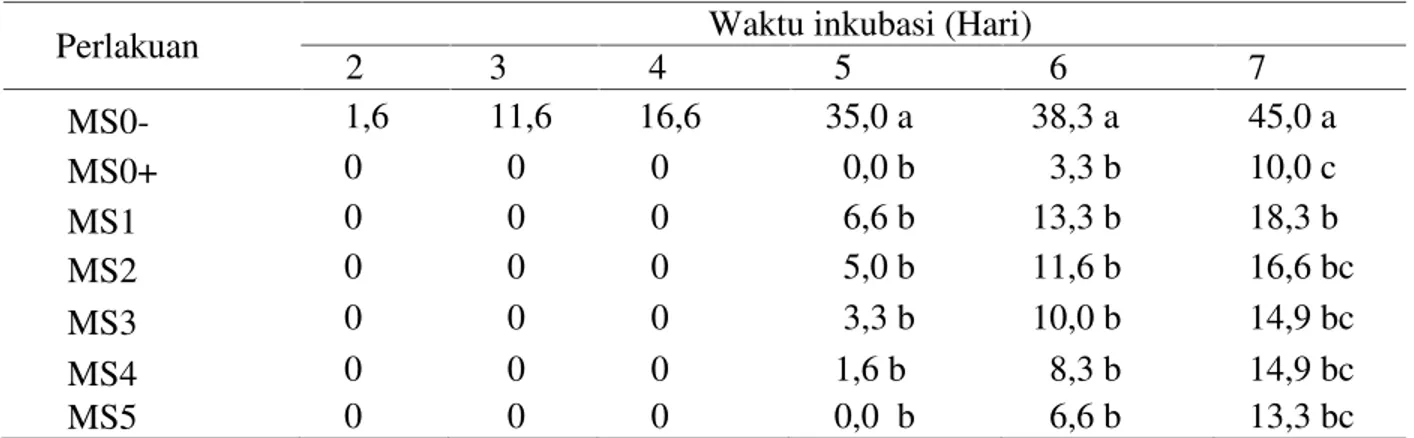 Tabel 3. Intensitas serangan (%) cendawanColletotrichum sp pada buah cabai dengan perlakuan ekstrak daun sereh