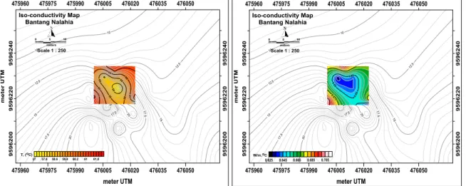 Figure 12. Iso-thermal and iso-conductivity map of shallow surface hot springs in Nalahia 