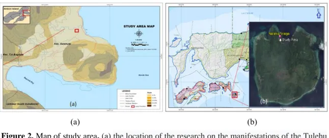 Figure 2. Map of study area, (a) the location of the research on the manifestations of the Tulehu  surface hot spring, (b) location of research on the manifestation of surface hot spring in Nalahia 