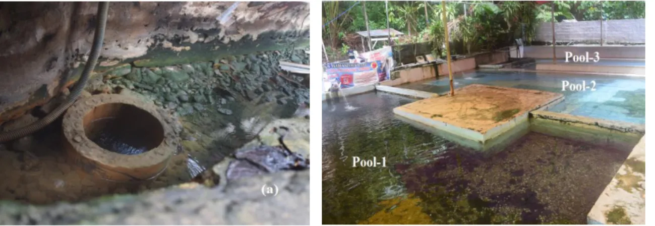 Figure 5. Talanghaha hot spring geo-tourism. (a) Storage wells for hot springs and (b) reservoirs  for hot spring 