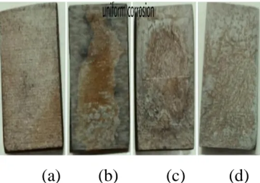 Gambar 2 Spesimen (a), (b), (c) dan (d) sesudah diuji larutan HCl 