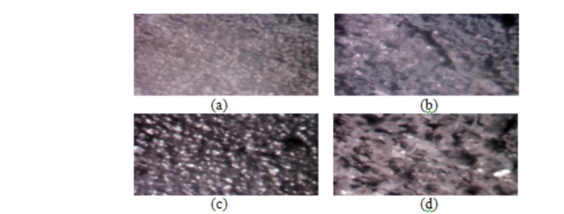 Gambar 2 Morfologi permukaan pelat baja yang telah dielektrodeposisi tanpa direndam (a) 0% volume  inhibitor, (b) 1% volume inhibitor, (c) 2% volume inhibitor, (d) 3% volume inhibitor 