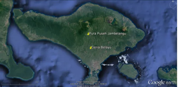 Gambar 1. Lokasi Prasasti Babahan saat ini di Geria Belayu dan lokasi awal di Pura Puseh Jambelang