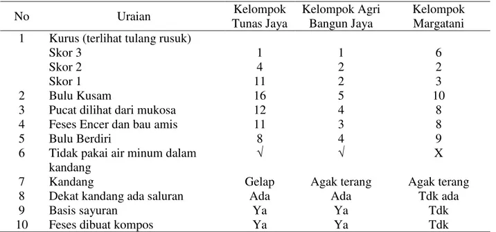 Tabel 2.  Karakteristik kondisi ternak sapi pada masing-masing kelompok  No  Uraian  Kelompok  Tunas Jaya  Kelompok Agri Bangun Jaya  Kelompok Margatani  1  Kurus (terlihat tulang rusuk) 