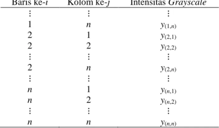Tabel 3.1 Struktur Data Penelitian (Lanjutan) Baris ke-i  Kolom ke-j  Intensitas Grayscale 