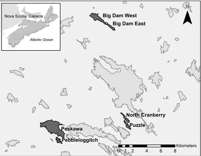 Figure 2.1 Map showing location of lakes sampled (dark grey) in Kejimkujik National Park,  Nova Scotia with specific sampling locations as white circles