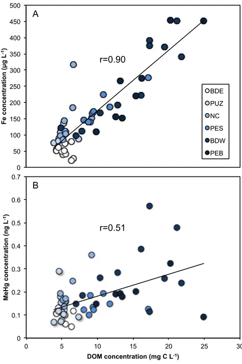 Figure  2.5  Correlation  between  dissolved  organic  matter  (DOM)  and  (A)  iron  (Fe)  concentrations  (r=0.91,  p&lt;0.01),  and  (B)  methylmercury  (MeHg)  concentrations  (r=0.51,  p&lt;0.01) in summer, late-summer, and fall from 2013, 2014, and 2
