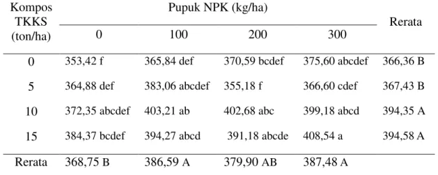 Tabel  10.  Rerata  berat  1000  biji  tanaman  jagung  (g)  dengan  pemberian  kompos  TKKS dan pupuk NPK