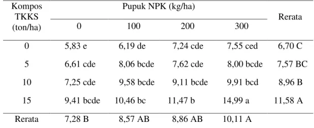 Tabel 2. Rerata rasio tajuk akar tanaman jagung dengan pemberian kompos TKKS  dan pupuk NPK
