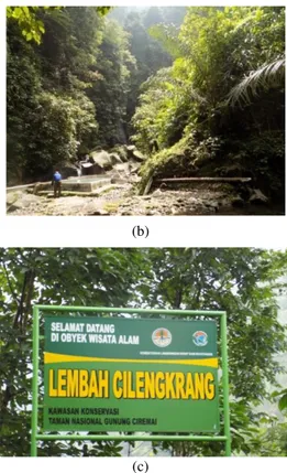 Gambar  1.  Atraksi  wisata  di  Lembah  Cilengkrang,  Pajambon.  (a)  Air  terjun,  (b)  kolam  air  panas,  (c)  papan  petunjuk 