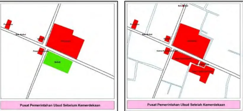 Gambar 4.2 Peta Pusat Pemerintahan Ubud Sebelum dan Setelah  Kemerdekaan 