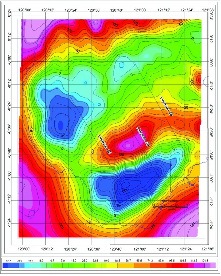 Gambar 3. Peta anomali gaya berat Teluk Tomini (Pusat Survei Geologi, 2008).