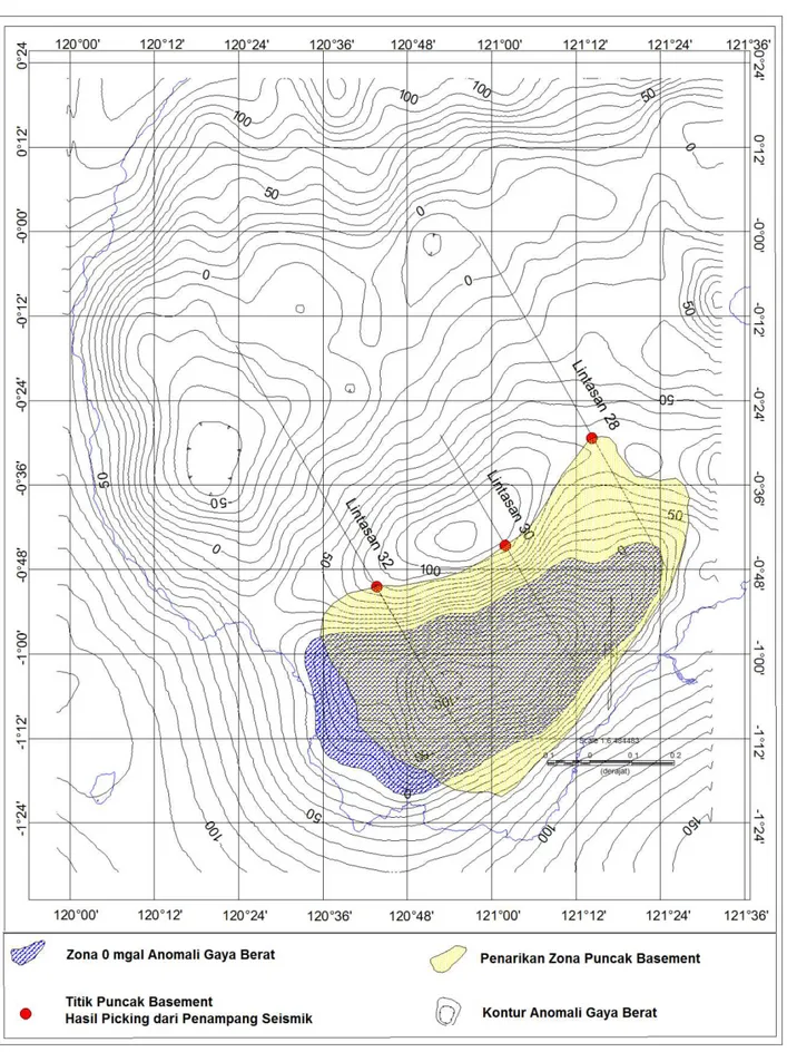 Gambar  7. Sub-cekungan Tomini selatan berdasarkan anomali gaya berat (Zona biru) dan penampang seismik (Zona kuning)