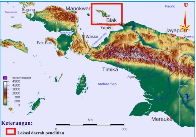 Gambar 1.Peta lokasi daerah penelitian warna biru memperlihatkan dataran rendah Cekungan Biak Papua.