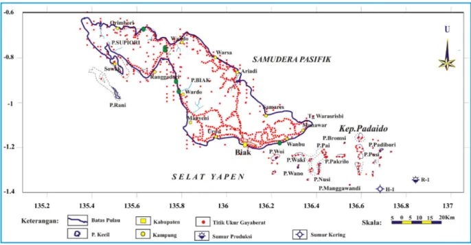 Gambar 2.  Peta lokasi titik ukur gayaberat interval 500-1000 meter dan &gt; 1000 meter berjumlah 1240 titik di Biak dan Kepulauan Padaido yang dikompilasi dengan data sekunder Buyung, N., dkk., (1997) Cekungan Biak Papua.