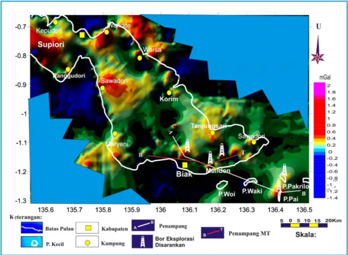 Gambar 8.  Peta anomal sisa memperlihatkan beberapa closur tinggian utara Kota Biak, Mandom dan lepas pantai timur di P