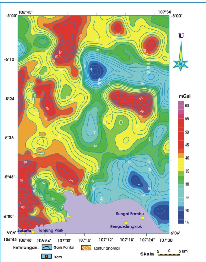 Gambar 4   Peta  Anomali  Bouguer  memperlihatkan Tinggian regional (warna merah) daerah rendahan (warna biru hijau) secara umum struktur regional yang terbentuk arah  Utara  -Selatan dan Timur-Barat  yang  dicerminkan oleh   kelurusan-kelurusan  anomali d