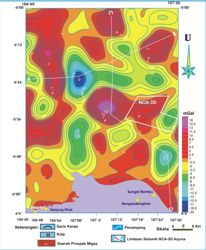 Gambar 5.  Peta Anomali Sisa  daerah prospek  migas  berdasarkan dimensi  antiklin dan nilai kontur anomali yang memperlihatkan tinggian (warna merah) ditafsirkan sebagai  batuan reservoir  perangkap  struktur migas dan rendahan anomali (warna biru hijau) 