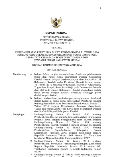 PROVINSI JAWA TENGAH PERATURAN BUPATI KENDAL NOMOR 2 TAHUN 2019 TENTANG