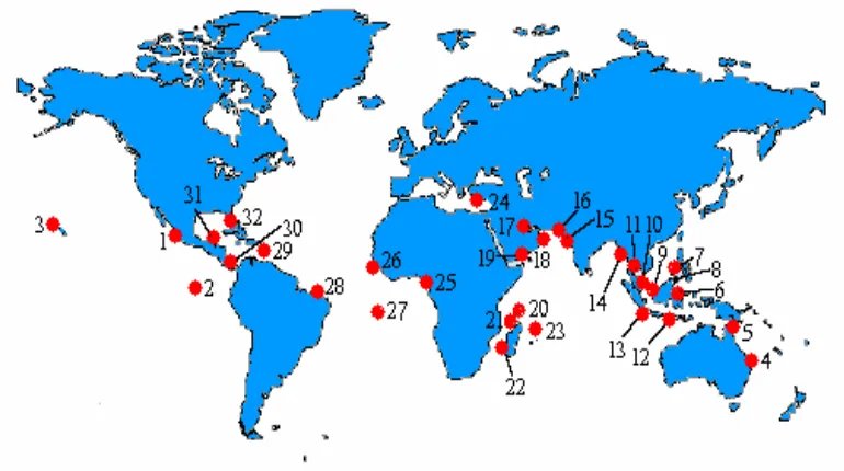 Gambar 9. Sebaran ke-32 lokasi peneluran penyu hijau di seluruh dunia (Sumber : Seminoff, 2004a) 