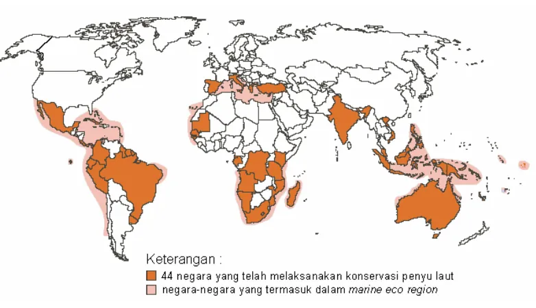 Gambar 16. Peta 44 negara yang telah melaksanakan konservasi penyu laut 