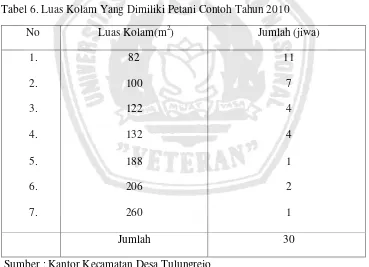 Tabel 6. Luas Kolam Yang Dimiliki Petani Contoh Tahun 2010 