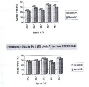 Gambar 2. Histogram Perubahan Kadar Pati (%) Media Fermentasi Padat Onggok-Ampas Tahu Sebelum dan Sesudah Fermentasi