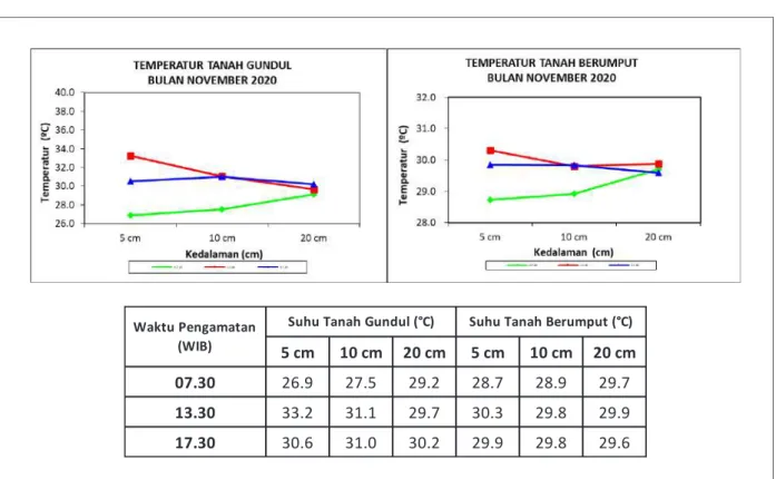 Gambar 13. Temperatur Tanah Gundul dan Tanah Berumput Rata-rata  pada Area Tangerang Selatan Bulan November 2020 