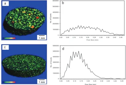 Fig. (7). Micro CT cross-sectional images of HA thickness with color coded porous bodies having HA-to-alumina mass ratio of (a) 0.30 and (b) 1.0 w/w [83]