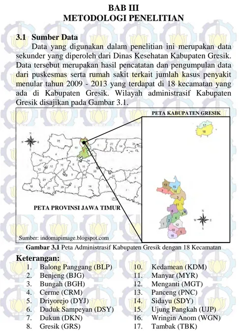 Gambar 3.1 Peta Administrasif Kabupaten Gresik dengan 18 Kecamatan