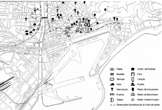 Figura 7. Malaca romana: os principais achados arqueológicos desde época fenício-púnica até à bizantina 94   