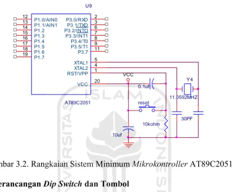 Gambar 3.2. Rangkaian Sistem Minimum Mikrokontroller AT89C2051  3.2.2.  Perancangan Dip Switch dan Tombol 