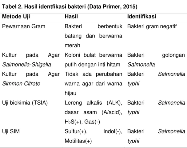 Tabel 2. Hasil identfikasi bakteri (Data Primer, 2015) 