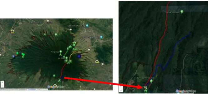 Gambar 1. Lokasi penelitian Selabintana (Garis merah: Jalur Curug Cibereum; Garis biru: Jalur Pendakian) 