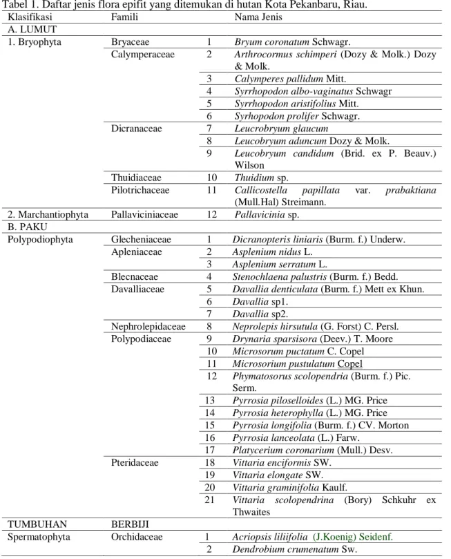Tabel 1. Daftar jenis flora epifit yang ditemukan di hutan Kota Pekanbaru, Riau. 