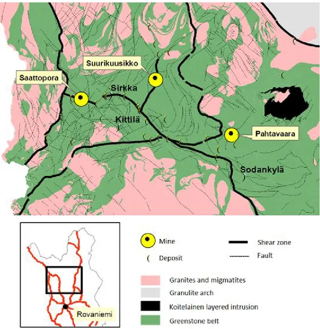 Figure 1.1 Central Lapland greenstone belt and gold deposits in the area (Ojala, 2008) 