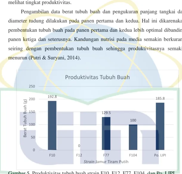 Gambar 5. Produktivitas tubuh buah strain F10, F12, F77, F104, dan Po. LIPI  Gambar  5  tersebut  menunjukkan  tingkat  produktivitas  tubuh  buah  berdasarkan  jumlah  berat  tubuh  buah  panen  pertama  dan  kedua  pada   masing-masing strain