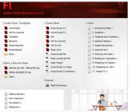 Gambar 2.1 Tampilan Halaman Awal Adobe Flash Professional CS6  2) Jendela Utama 