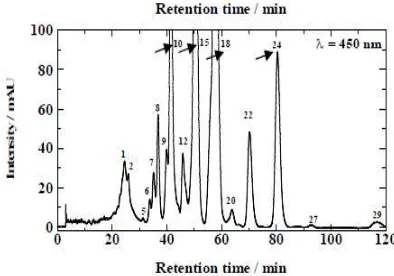 Gambar 2 Kromatogram KCKT-PDA ekstrak peak 24 = tkarotenoid Neurospora intermedia tN-1 (peak  10 = R 41,49; peak 15 = tR 50,24; peak 18 = tR 57,65; R 80.50)  